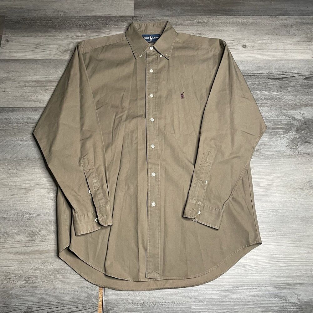 Vtg 90s Polo Ralph Lauren Blake Shirt Men's M Tan Khaki Cotton Button Down